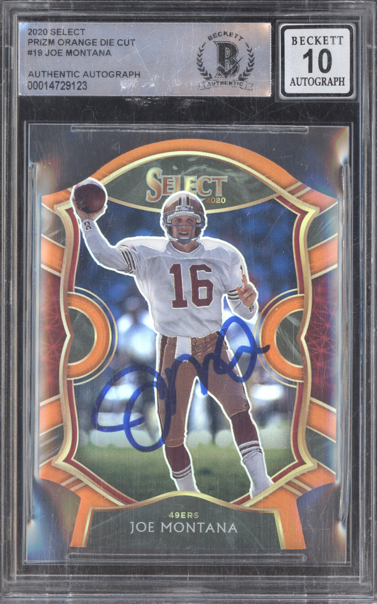 2020 Panini Select Prizm Orange Die Cut #19 Joe Montana — front
