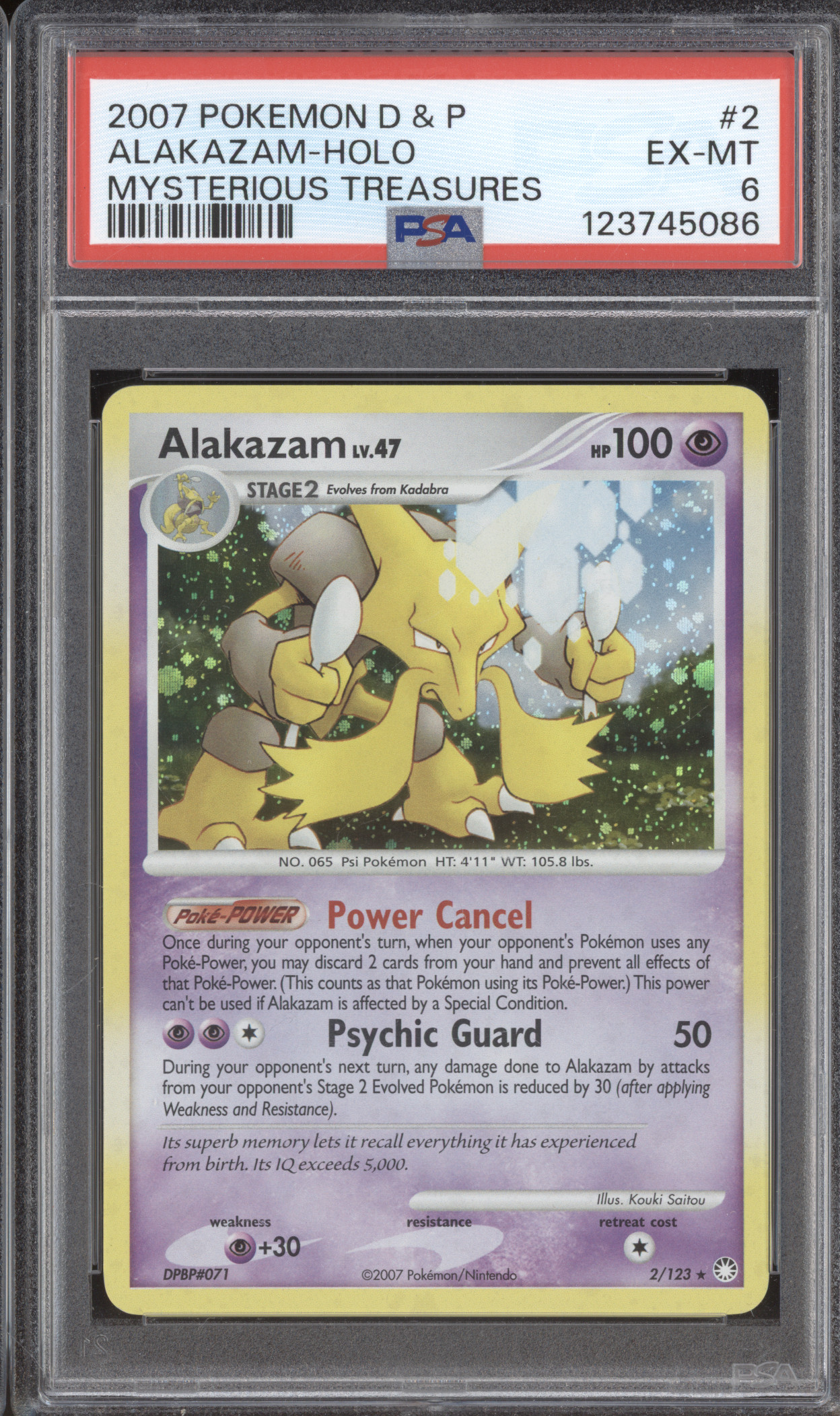 2007 Pokemon Diamond & Pearl Mysterious Treasures #2 Alakazam Holo — front