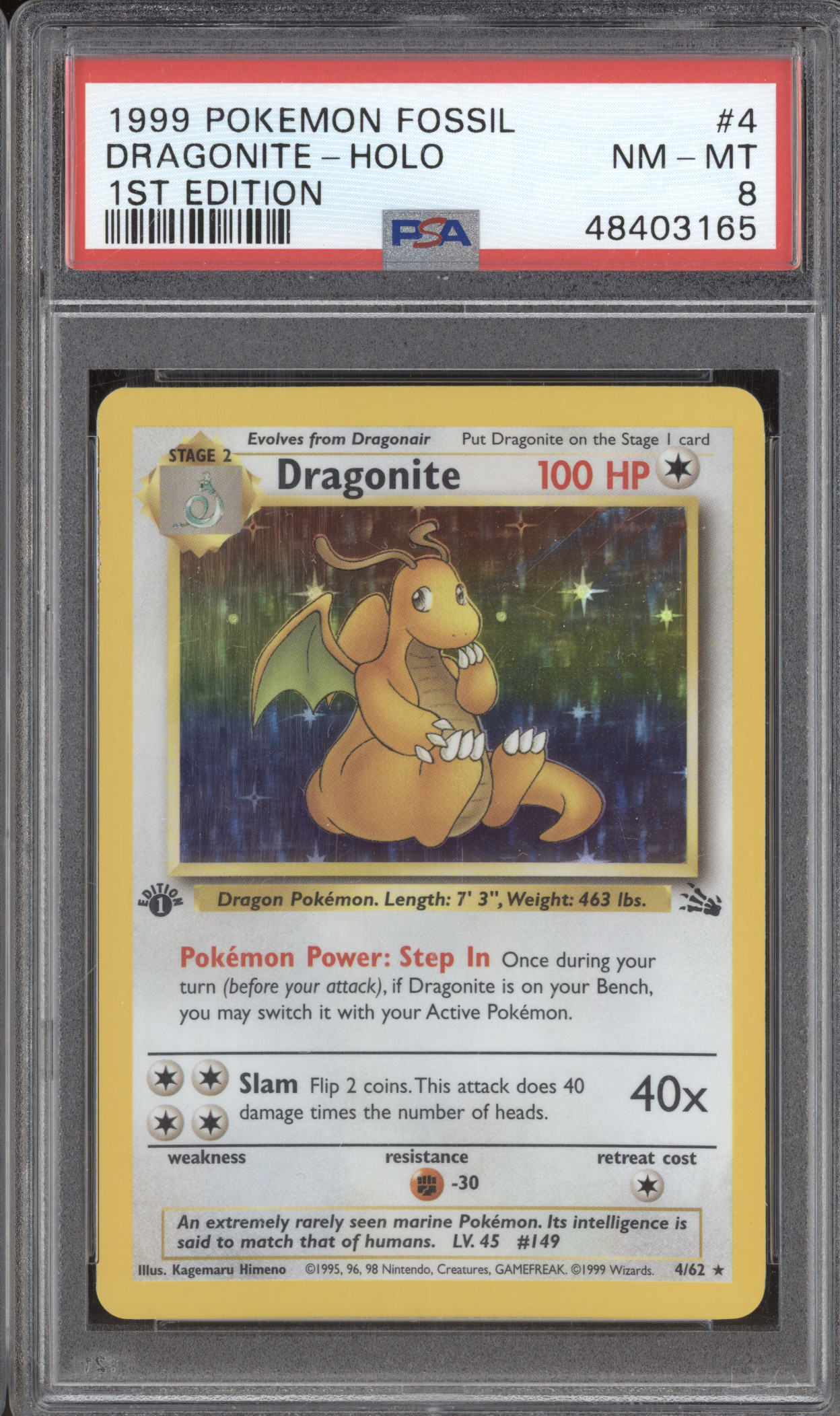 1999 Pokemon Fossil #4 Dragonite Holo 1st Edition — front