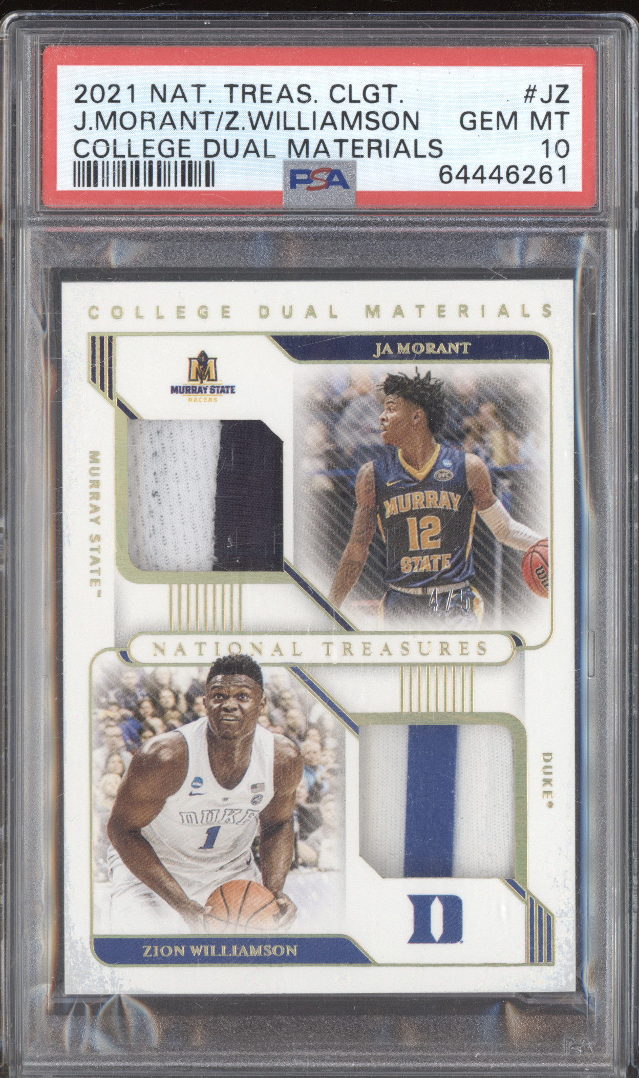 2021 Panini National Treasures College Dual Materials #JZ Ja Morant/Zion Williamson — front