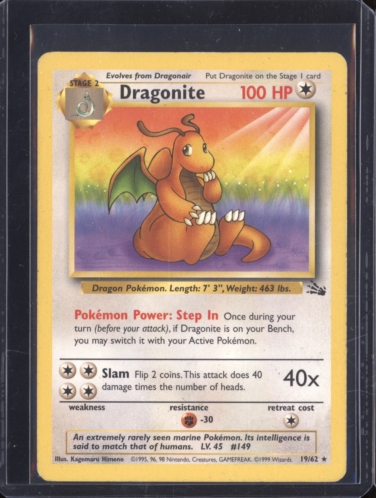 1999 Pokémon Fossil #19 Dragonite — front