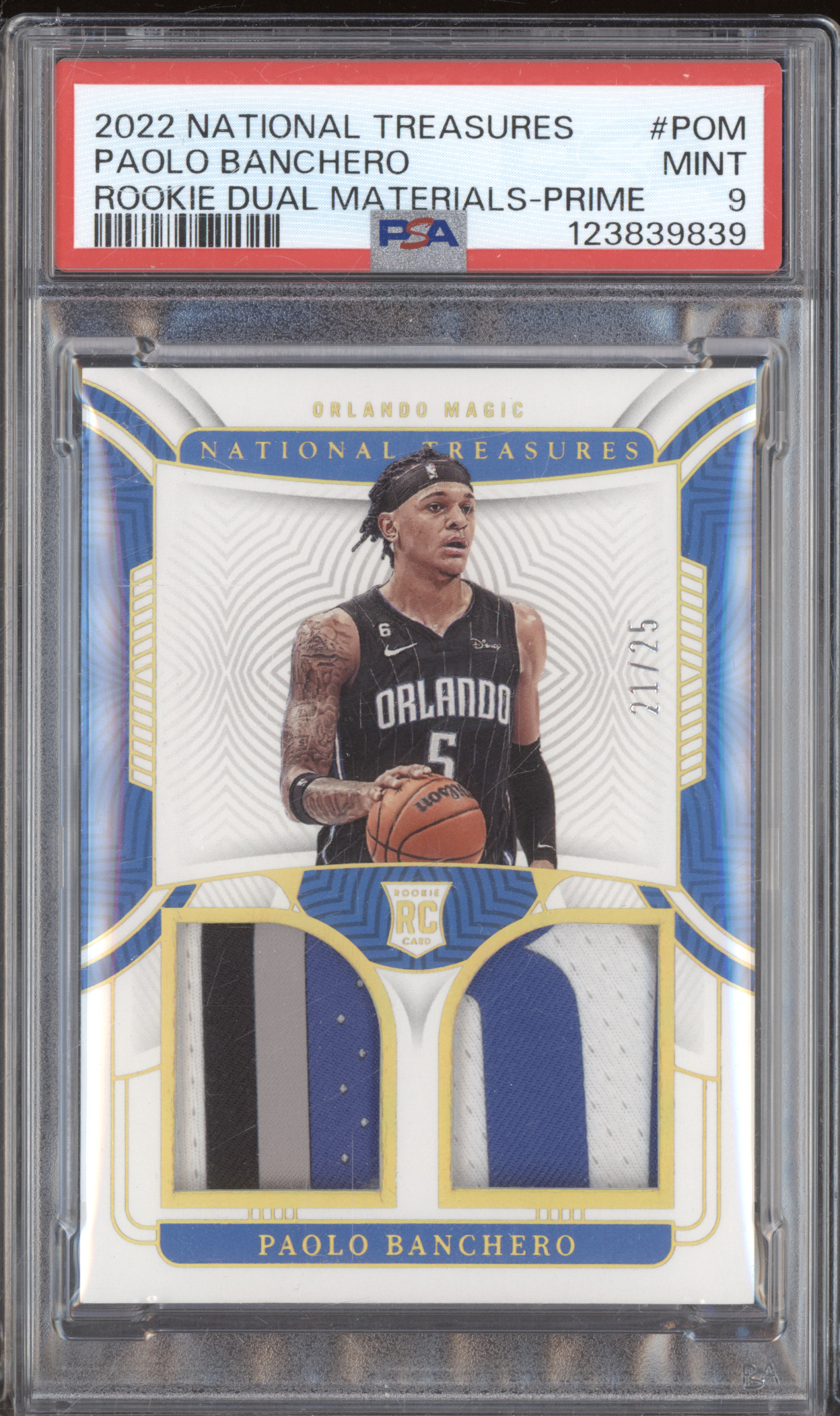 2022 Panini National Treasures #POM Paolo Banchero Rookie Dual Materials-Prime — front