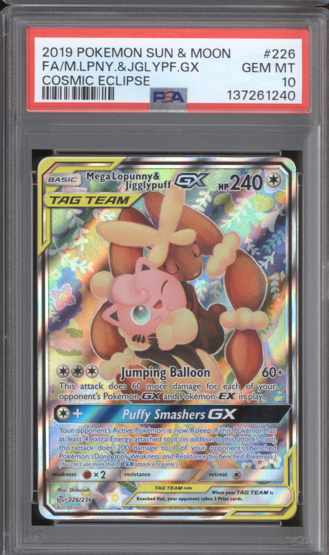 2019 Pokemon Sun & Moon Cosmic Eclipse #226 Mega Lopunny & Jigglypuff GX — front