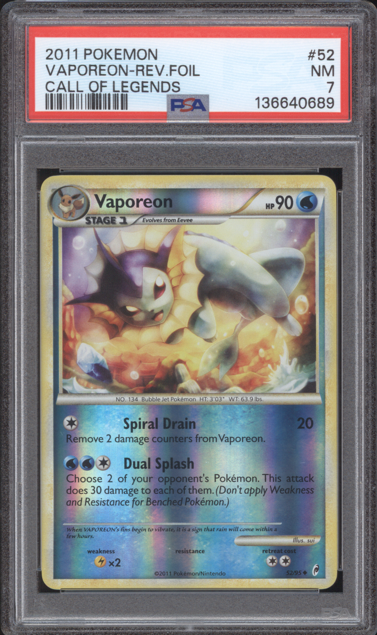 2011 Pokemon Call of Legends #52 Vaporeon Reverse Foil — front