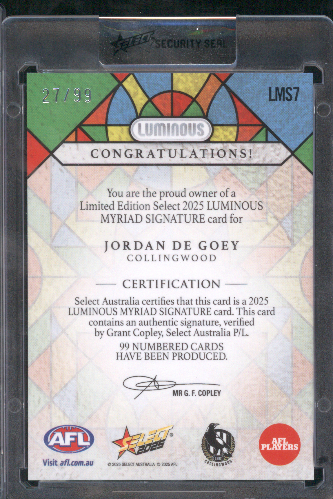 2025 Select Luminous Myriad Signature #LMS7 Jordan De Goey — front