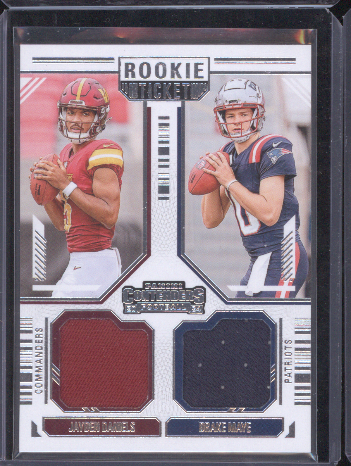 2024 Panini Contenders Rookie Ticket Dual Swatches #DS-13 Jayden Daniels / Drake Maye — front