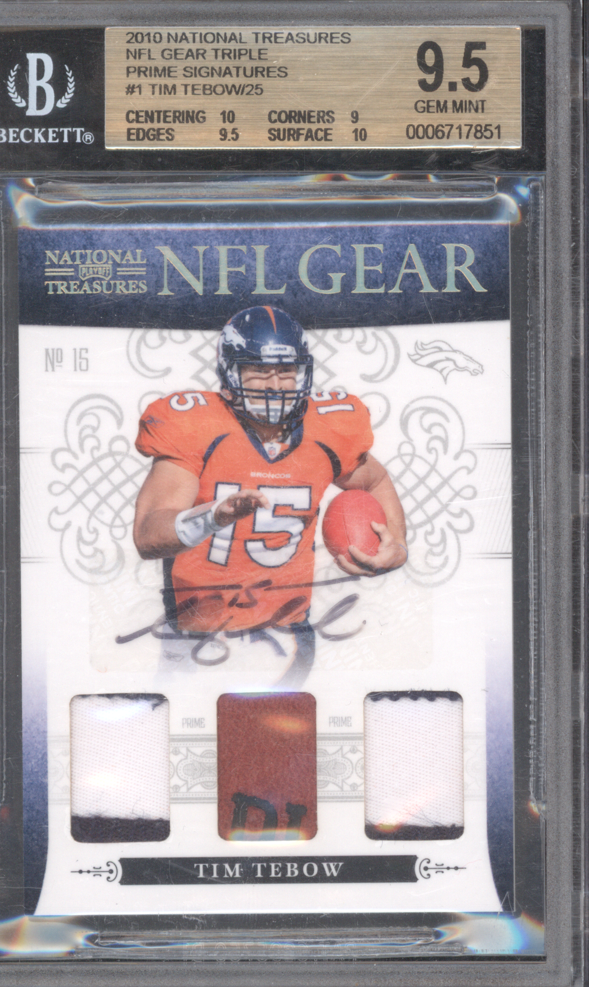 2010 National Treasures NFL Gear Triple Prime Signatures #1 Tim Tebow — front