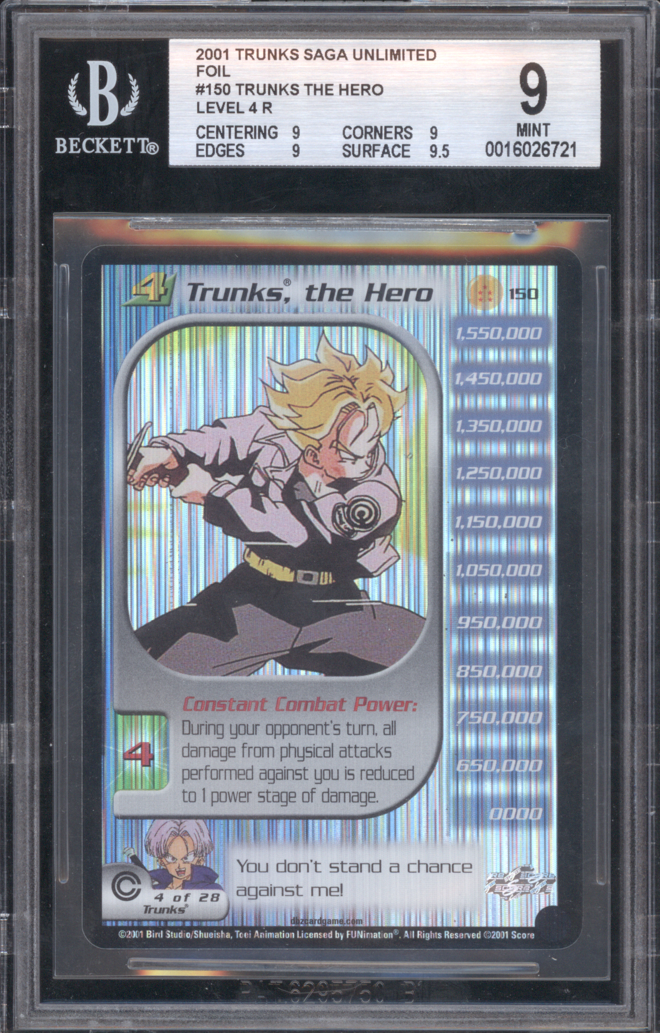 2001 Score Trunks Saga Unlimited #150 Trunks the Hero Foil Level 4 R — front