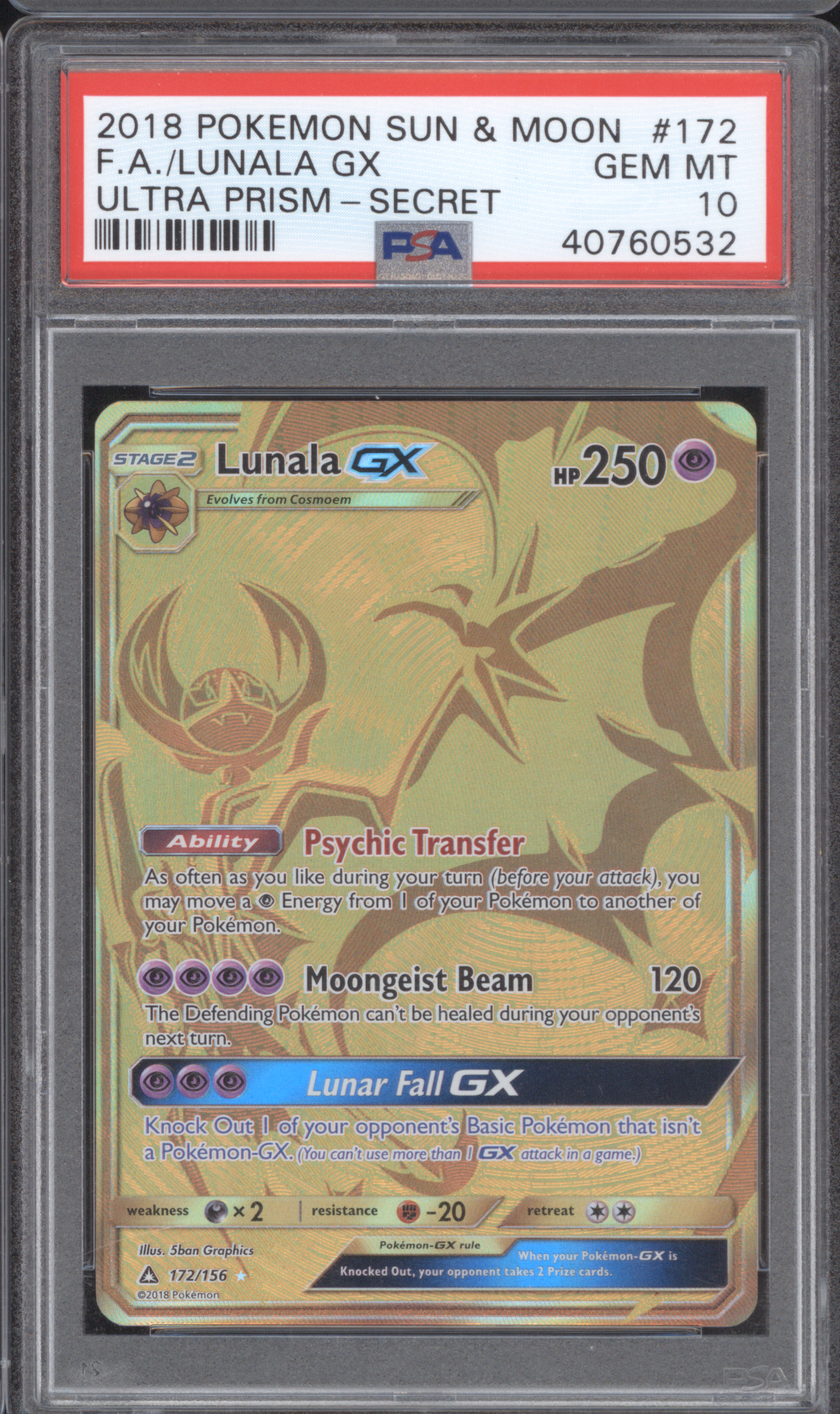 2018 Pokemon Sun & Moon Ultra Prism #172 Lunala GX — front