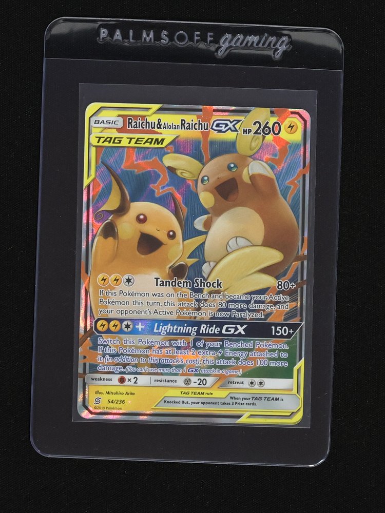2019 Pokémon Unified Minds #54 Raichu & Alolan Raichu GX Tag Team — front