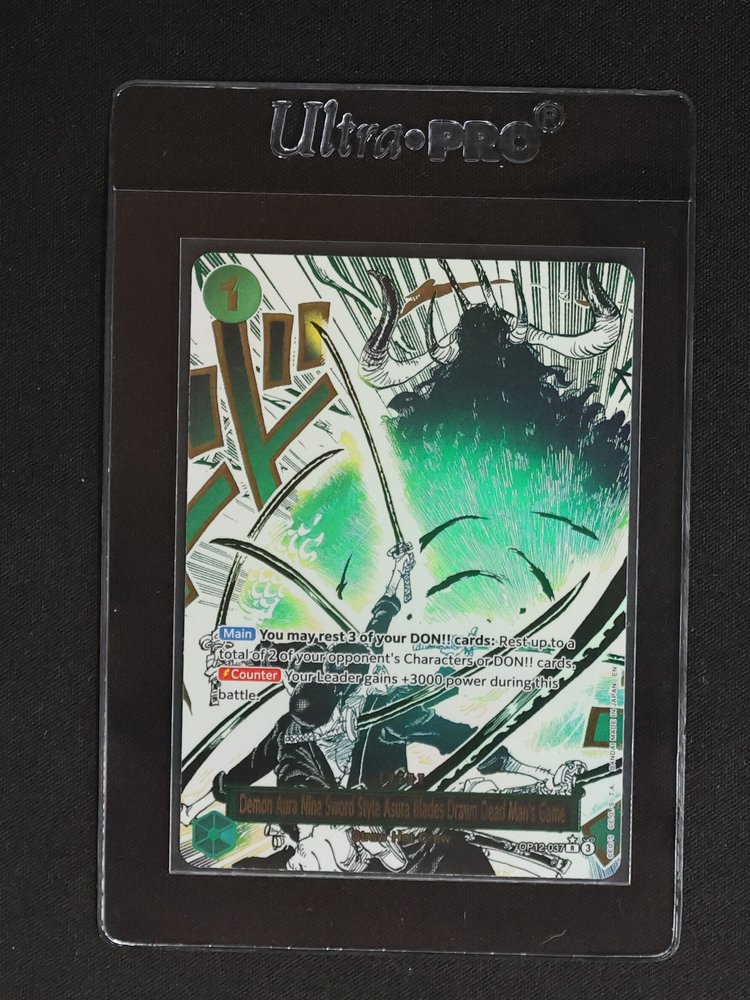 One Piece TCG OP12-037 Demon Aura Nine Sword Style Asura Blades Drawn Dead Man's Game Roronoa Zoro — front