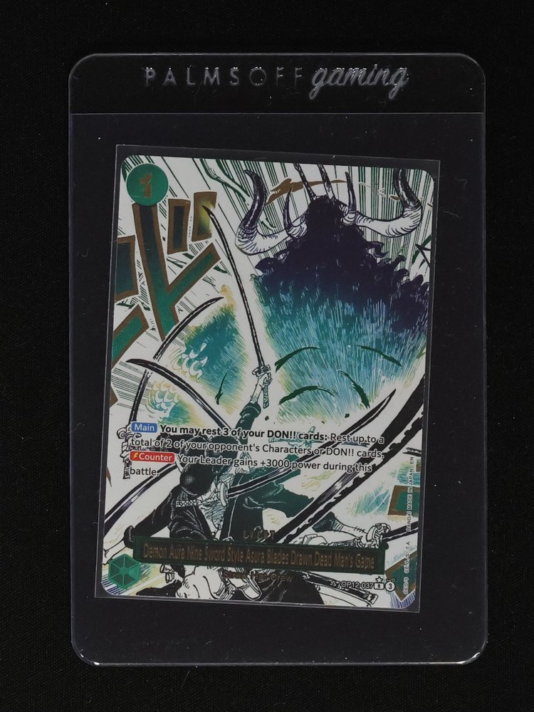 2023 One Piece Card Game OP12-037 Roronoa Zoro Demon Aura Nine Sword Style Asura Blades Drawn Dead Man's Game — front