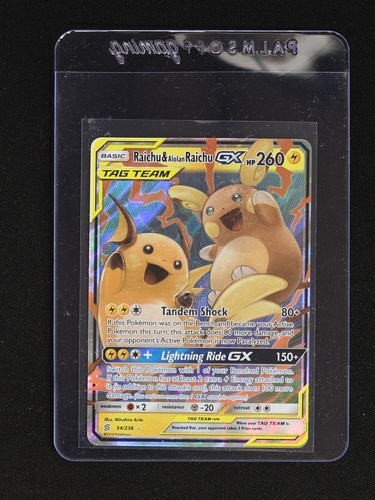2019 Pokémon TCG Unified Minds #54 Raichu & Alolan Raichu GX — front